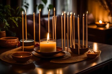 burning candles in a room, Scented candles and aroma incense sticks on table in living room - obrazy, fototapety, plakaty