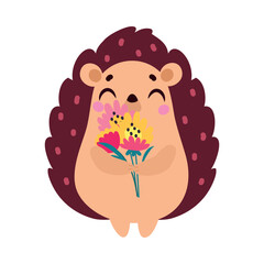 Cute Hedgehog Character Stand with Flower Bouquet Vector Illustration