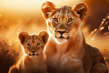 Lions family, little lion cub and adult lion in nature together