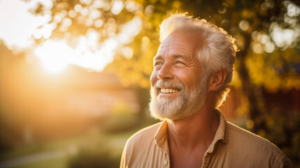 A senior man smiling at the sun with his gray hair.