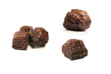 Turkish chocolate baklava isolated on white background.