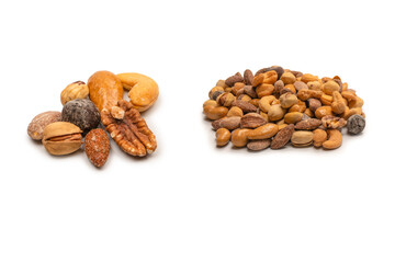 A group of almonds, pistachios, walnuts, macadamia, cashews.