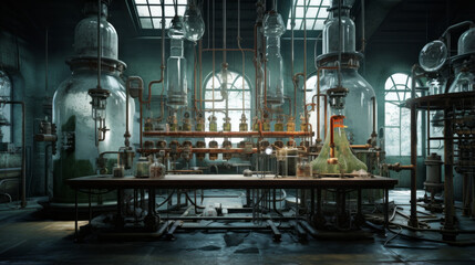 An old, musty laboratory with unknown contraptions and test tubes
