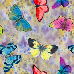 abstract watercolor background, seamless pattern of colorful butterflies.