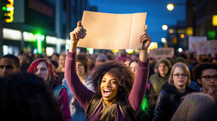 A woman holding up a sign in a crowd, AI