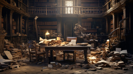 An old, musty library with crumbling bookshelves and a single, dusty desk 