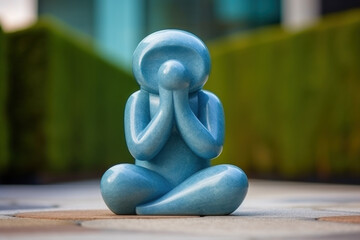 petite statuette en marbre poli représentant un personnage stylisé en train de méditer les mains jointes et assis en tailleur