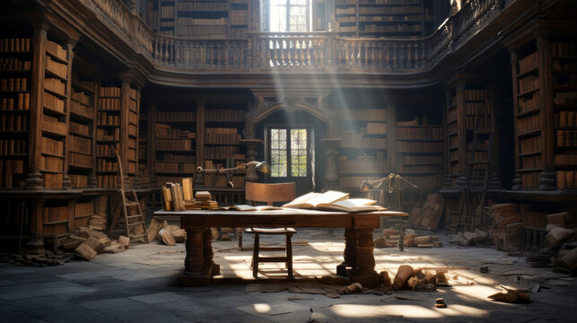 An old, musty library with crumbling bookshelves and a single, dusty desk 
