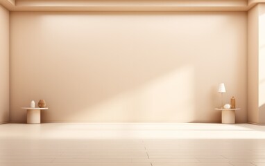 Elegant cream studio mockup room with a soft floor, accented by a spotlight, perfect for showcasing products in style.