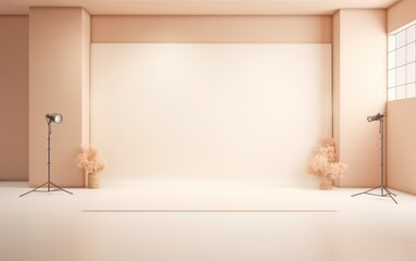 Elegant cream studio mockup room with a soft floor, accented by a spotlight, perfect for showcasing products in style.