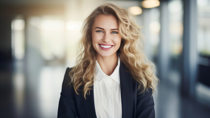 Smiling blonde businesswoman in blazer, open space background