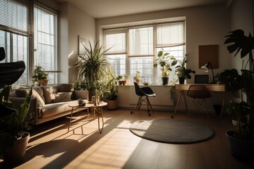 Comfortable, contemporary workspace with plants, couch, desk, wood floor, bright windows, and shadows. Generative AI