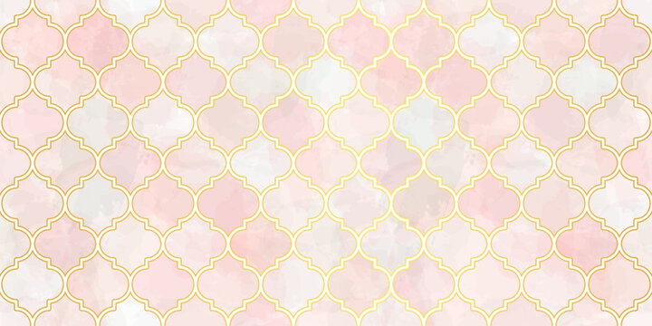 Moroccan Seamless Pattern. Arabic Mosaic Watercolor Ornament. Eid Mubarak Muslim Background. Ramadan Kareem Islamic Illustration. Turkish Mosque Window Shape.