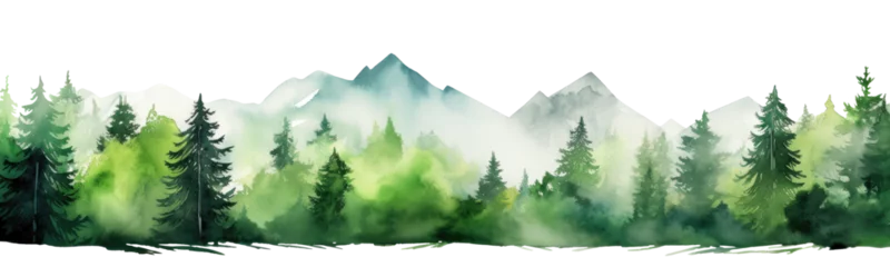 Zelfklevend Fotobehang Watercolor mountains spruce trees landscape border, isolated hand drawn, watercolor illustration transparent background - Generative ai © Александра Низенко