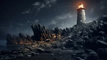 An old lighthouse stands atop a rocky cliff, its light piercing through the darkness of the night  © Textures & Patterns