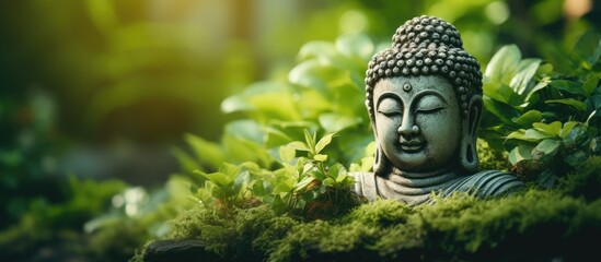 Buddha face meditating outdoors under tree in green garden