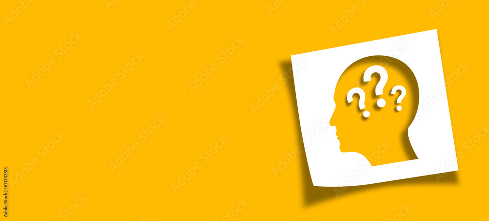 Poster brain with question mark on white note paper. mental health and problems with memory.