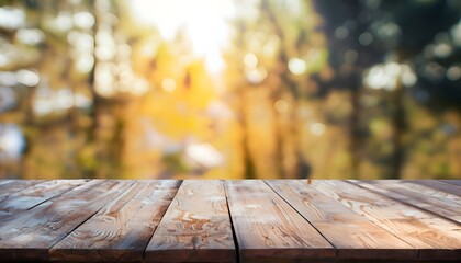 Wooden table in blur autumn park.