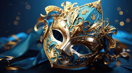 Festive Venetian carnival mask with gold decorations on dark blue background.