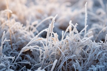 Frozen green grass, grass covered with frost in winter.