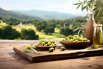 Old wooden product display table with natural green olive field and olive oil - obrazy, fototapety, plakaty