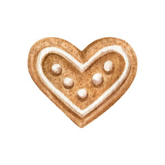 Gingerbread cookie heart. Watercolor illustration isolated on white background