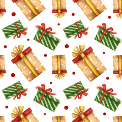 Holidays gift boxes watercolor seamless pattern. Christmas background on white