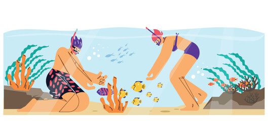 Snorkeling activity, vector couple in diving mask swimming in sea observing fauna of coral reef, marine adventures
