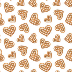 Gingerbread cookie heart seamless pattern. Watercolor illustration isolated on white background