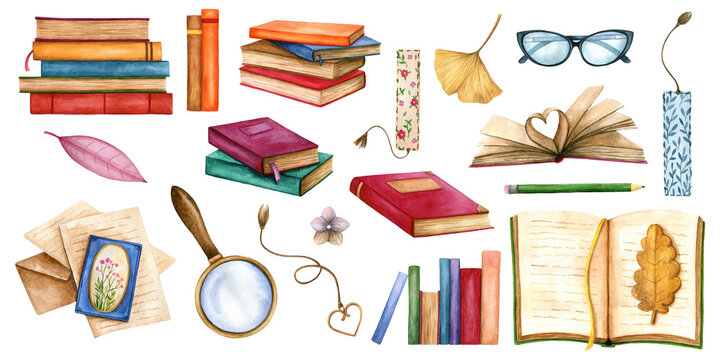 Set of books, letters, glasses, magnifying and bookmarks. Watercolor illustrations of things to read and learn isolated on white