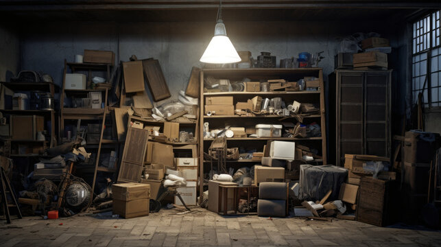 An old, forgotten storeroom with piles of forgotten items