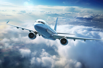 Obraz premium Passengers airplane flying above clouds in blue sky. Concept of fast travel. AI generated