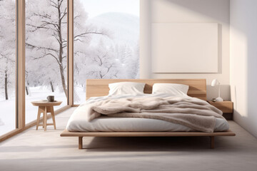 A bedroom in scandinavian style. Double bed with pillows and soft blanket, furniture on wooden floor. Generative AI