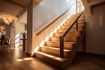 Wooden staircase to first floor inside contemporary house. Generative AI