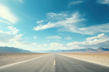 Fototapeta premium Highway and a blue sky. Asphalt road and beautiful countryside landscape. AI generated