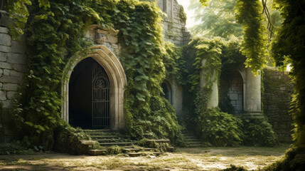 An old, forgotten castle with ivy-covered walls and a single, hidden door