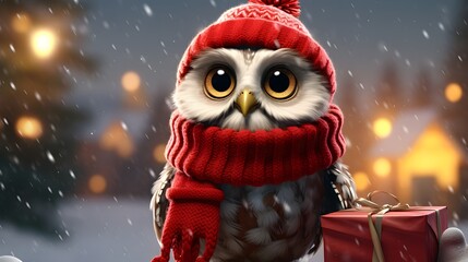 Adorable Owl Dressed in Christmas Outfits, Portrait Illustration