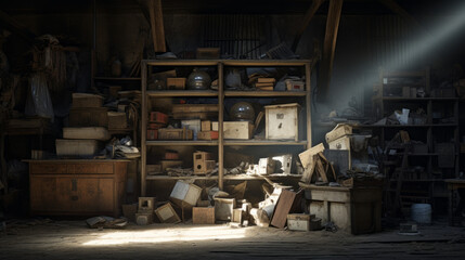 Obraz na płótnie Canvas An old, forgotten storeroom with piles of forgotten items