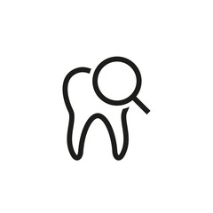 An icon of a human tooth and a magnifying glass. Dental examination, diagnosis and treatment of teeth.