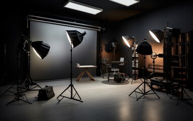 Fototapeta na wymiar Sleek black studio room mockup with a well-lit floor, featuring a spotlight for showcasing products effectively.