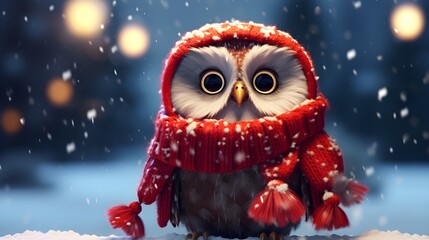 Obraz premium Adorable Owl Dressed in Christmas Outfits, Portrait Illustration