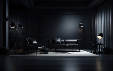 Fototapeta na wymiar Sleek black studio room mockup with a well-lit floor, featuring a spotlight for showcasing products effectively.