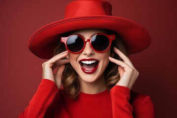 Enthused, vigorous woman in red with hat and black sunglasses.