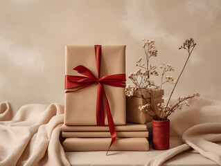 Elegant beige and red gift boxes wrapped in brown paper and red ribbons with flowers
