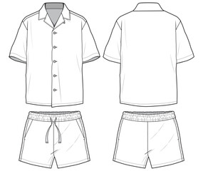 Men's short sleeve hawaiian resort shirt with shorts set design flat sketch illustration cad drawing with front and back view, Cuban collar aloha casual wear fashion illustration template mock up - obrazy, fototapety, plakaty