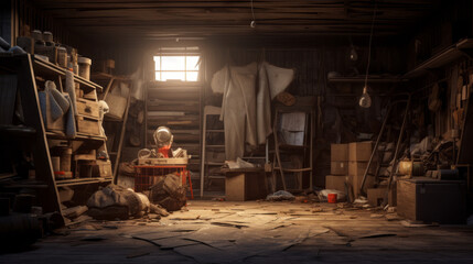An old, forgotten storeroom with piles of forgotten items