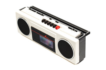 Obraz premium Retro portable stereo cassette recorder from 80s. translation from Russian: mode, stereo, on, off, microphone.