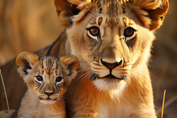 Lions family, little lion cub and adult lion in nature together