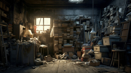 An old, forgotten storeroom with piles of forgotten items - obrazy, fototapety, plakaty