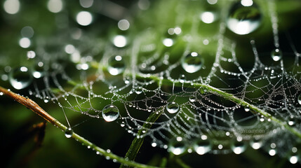 Macro shots of dewdrops on spiderwebs in a mystical forest